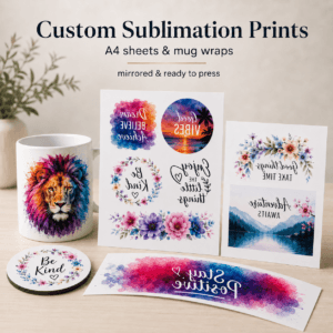 Custom sublimation prints in A4 sheet and mug wrap sizes