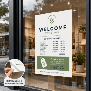 Custom white backed window cling applied inside a shop window