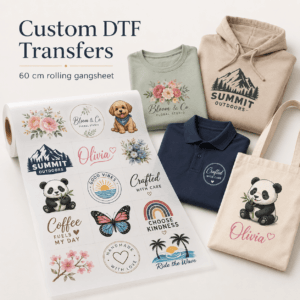 Custom DTF transfers printed on a 60 cm rolling gang sheet