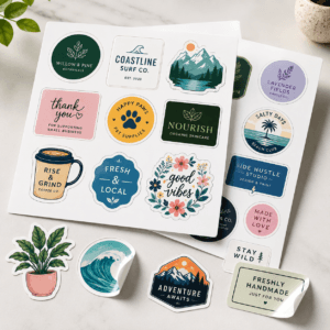 Custom eco-solvent stickers printed on white gloss vinyl
