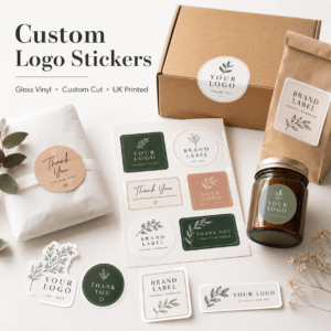 Custom gloss vinyl logo stickers and product labels printed in the UK