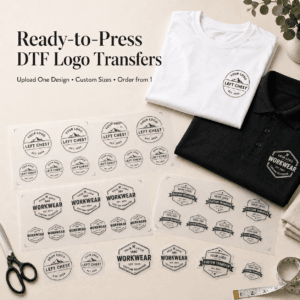Ready-to-press custom DTF logo transfers for workwear and clothing