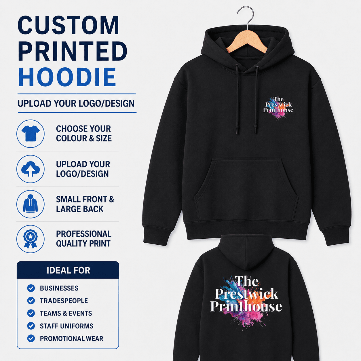 Custom printed work hoodie with business logo